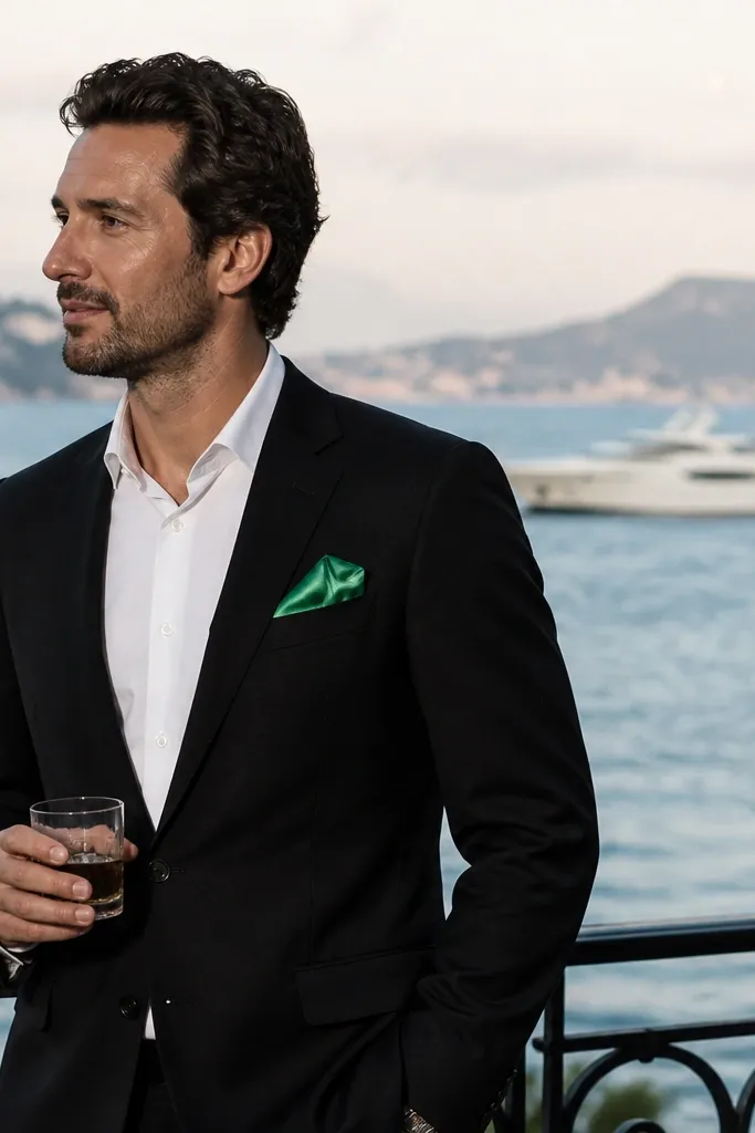 Black suit with white shirt and green silk pocket square