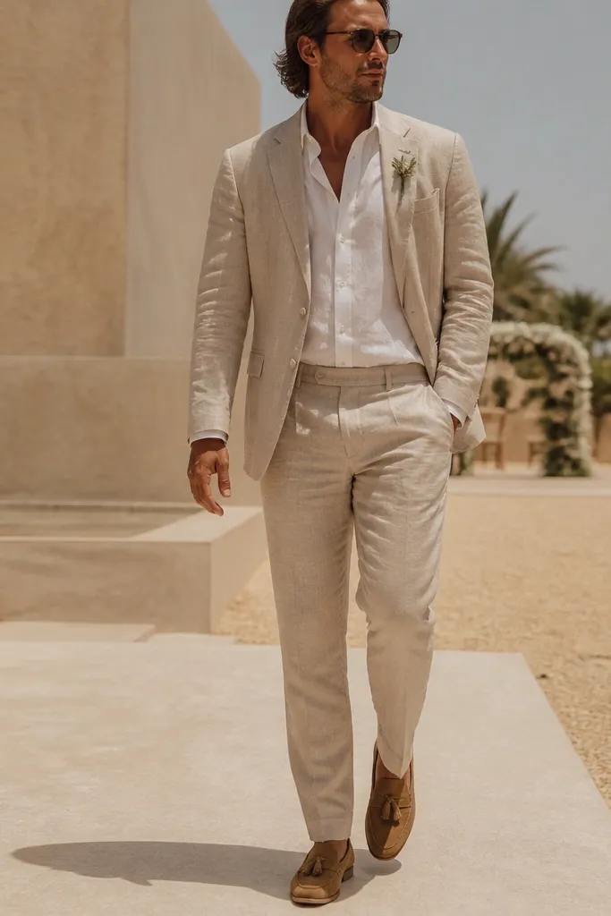 Sand linen suit with white shirt and tan suede loafers
