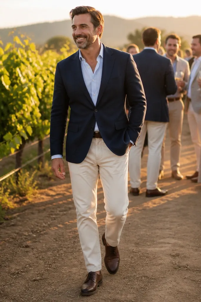 Navy blazer with cream trousers and espresso leather shoes