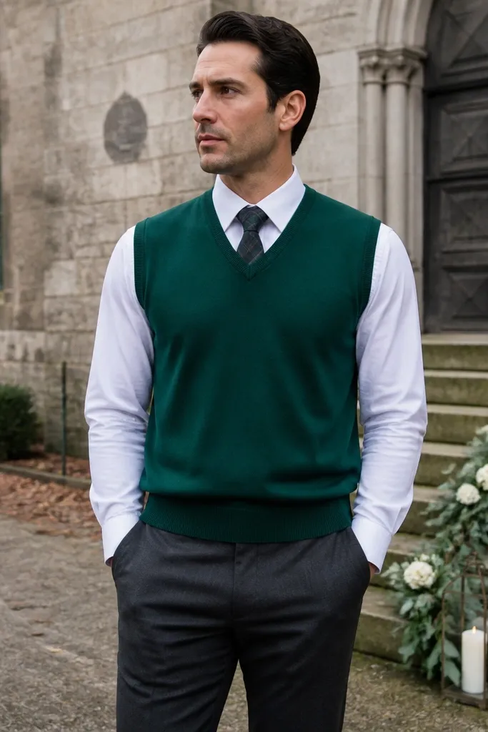 Emerald sweater vest over white shirt with charcoal trousers