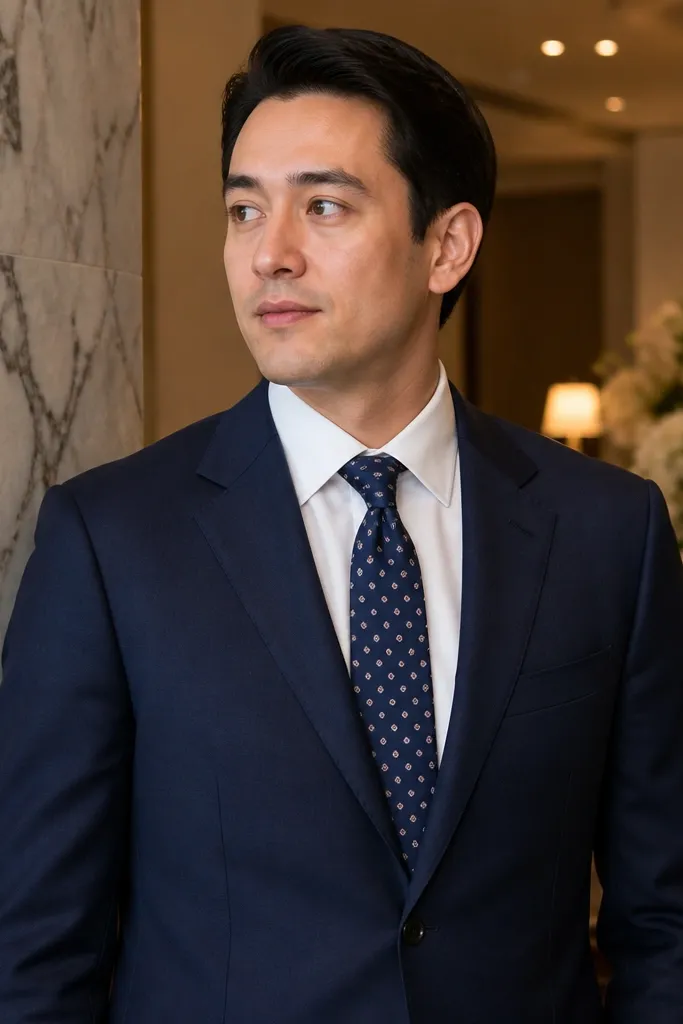 Single-breasted blazer with white shirt and navy patterned tie