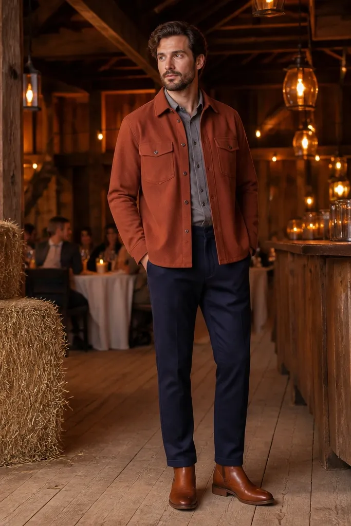 Rust overshirt with navy trousers and cognac boots
