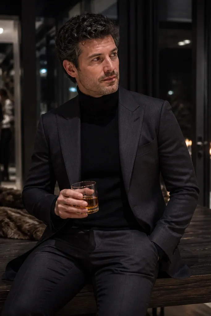 Black turtleneck under charcoal blazer with slim trousers and black shoes