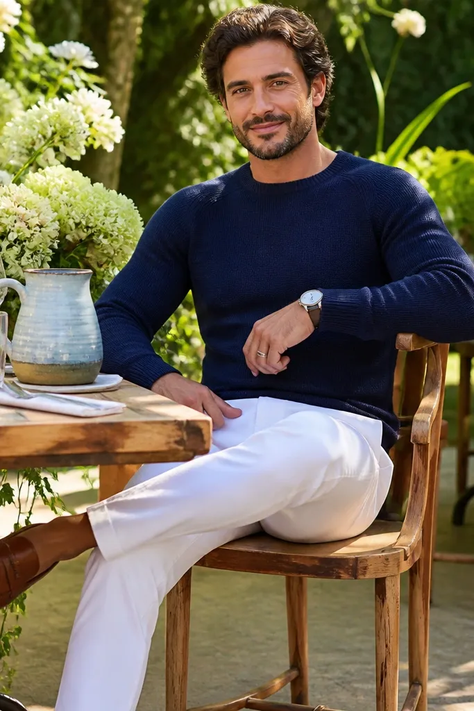 Navy crewneck sweater with white trousers and brown loafers