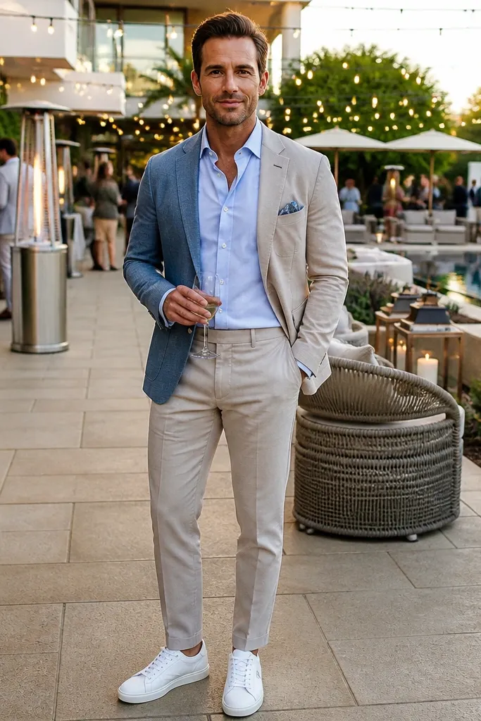 Two-tone summer suit with light blue shirt and white leather sneakers