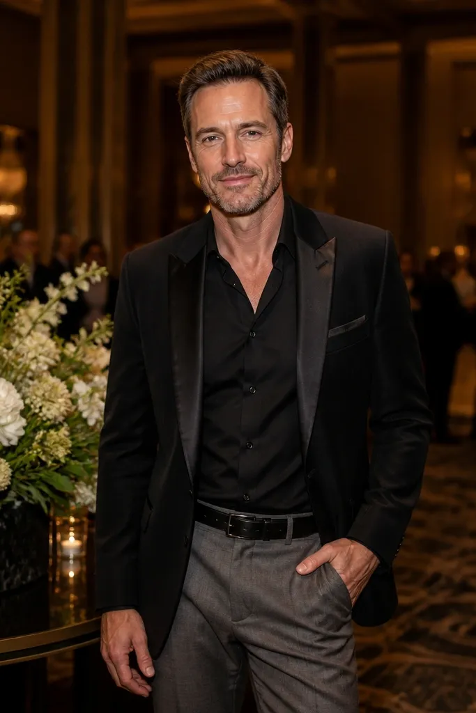 Black shirt with satin-lapel blazer and gray trousers