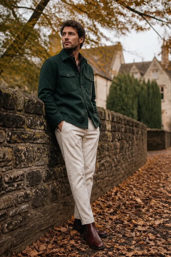 Forest green overshirt with ecru chinos and oxblood boots