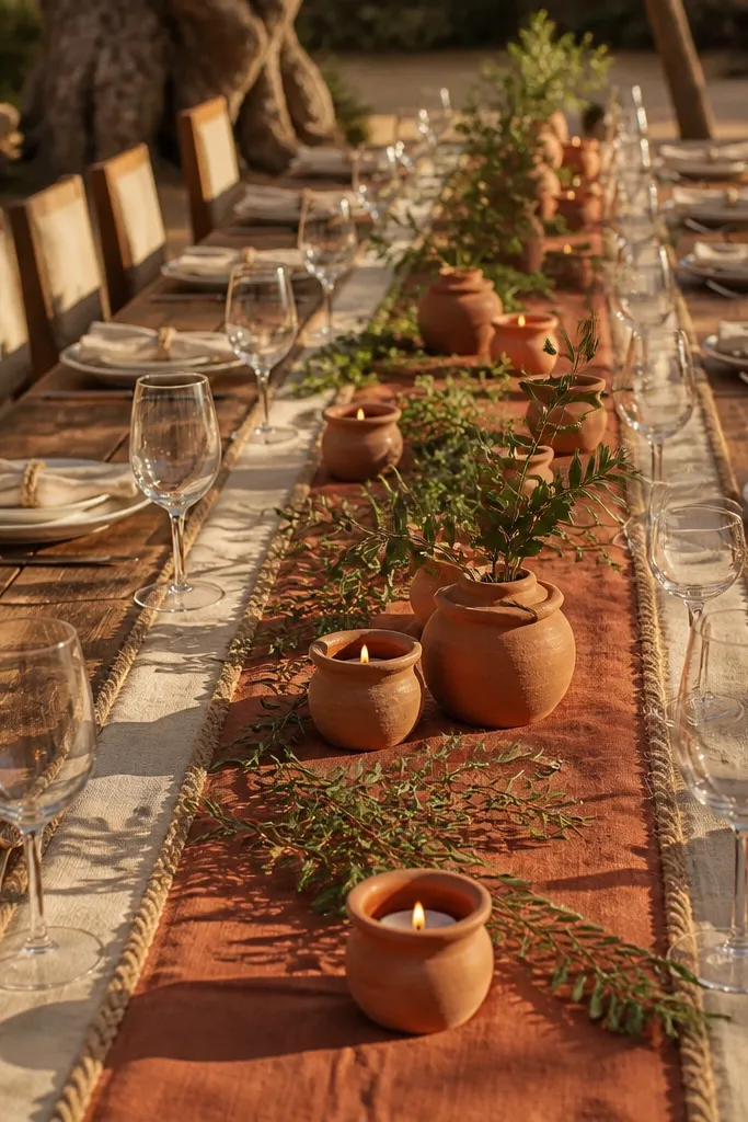 Cream and terracotta linen table runner with a jute border