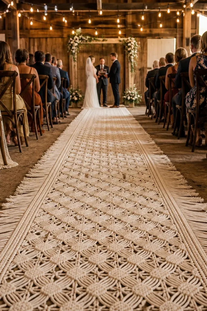 Macramé aisle runner with linen fringe draped on the sides