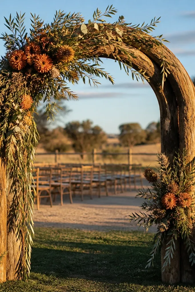 Rust-colored arch with branch greenery and terracotta-toned flowers