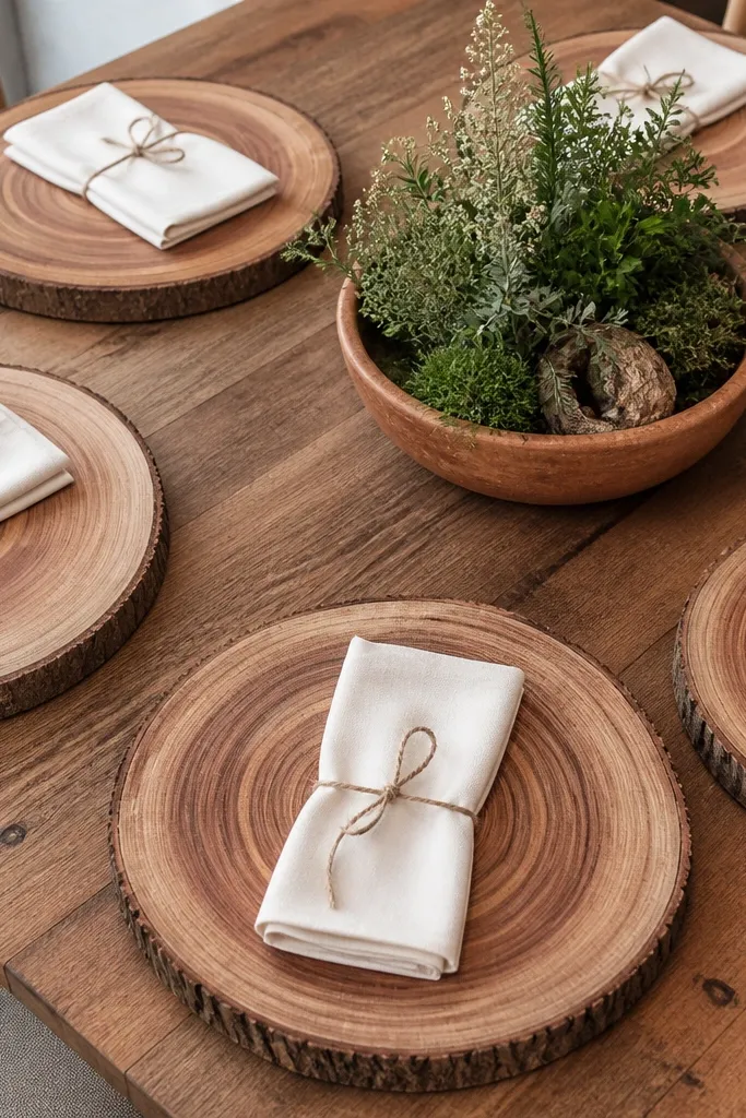 Wooden cedar slice charger plates with cream cloth napkins