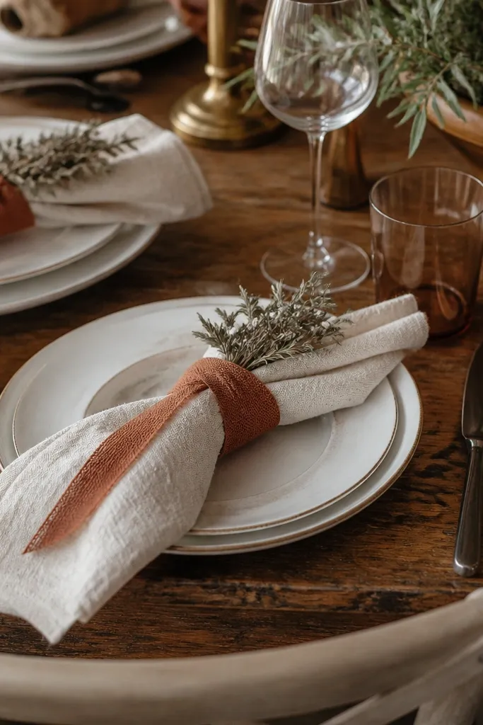 Terracotta ribbon napkin rings with dried herb sprigs tied on