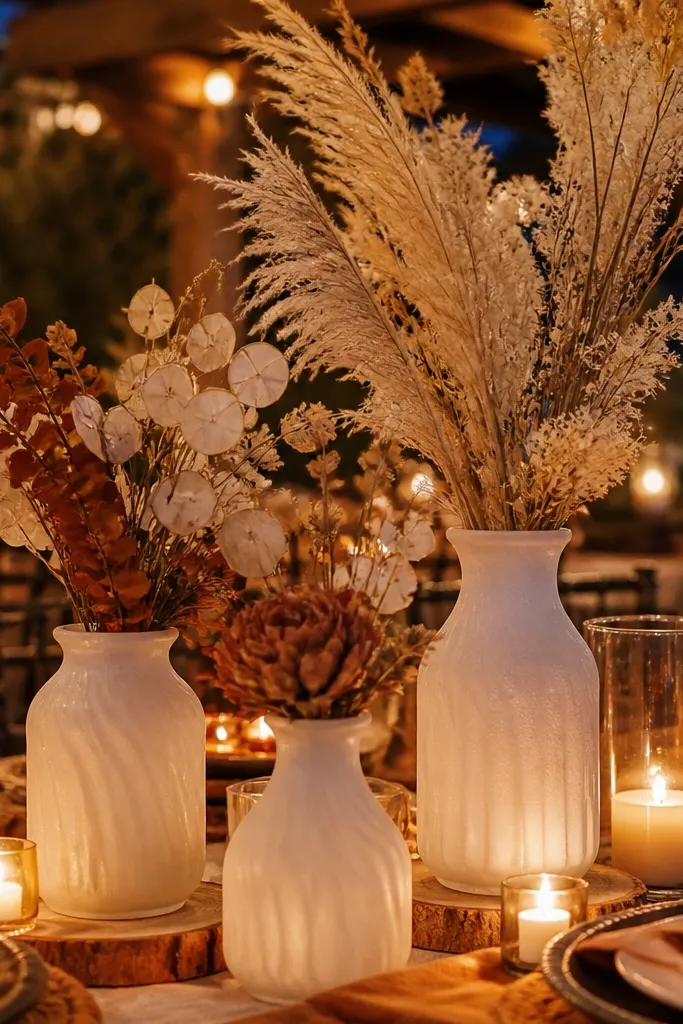 Milk glass vases with dried cream and rust flowers on a dining table