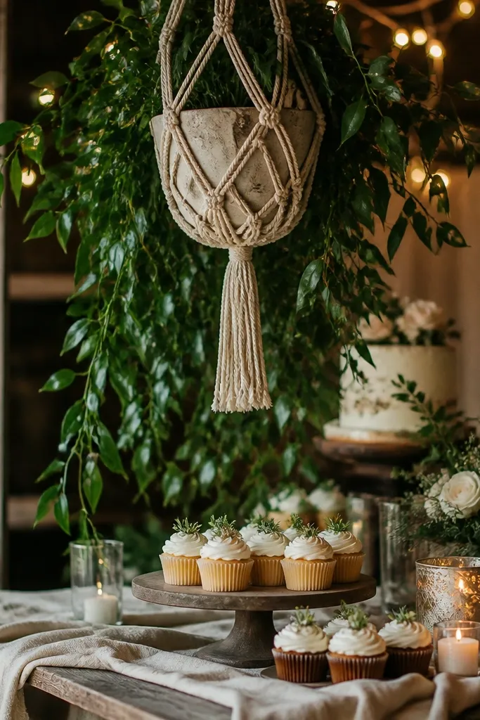 Hanging macramé planter with greenery above a dessert table