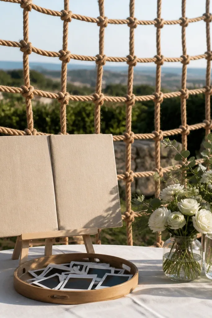 Jute rope backdrop with pinned polaroids and a simple guest book table