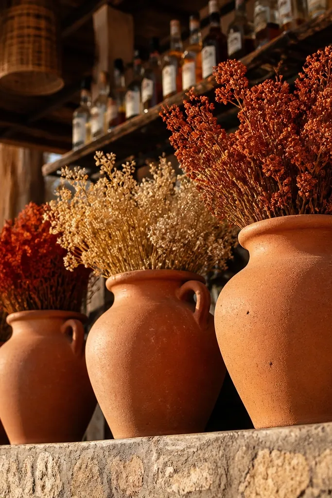 Terracotta urn vases with one type of dried flower in each