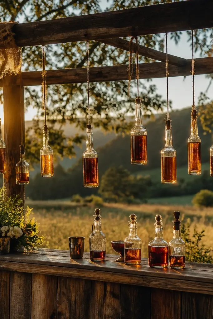 Bar backdrop with hanging bottles and burlap tied around beams