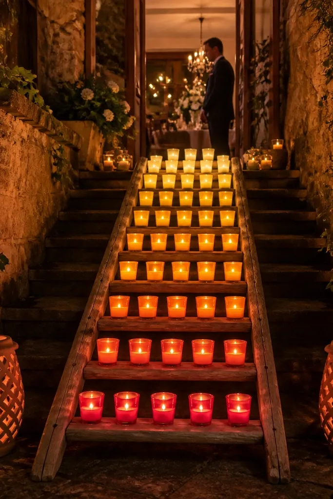 Wood steps with candle holders arranged in a ladder at the entrance