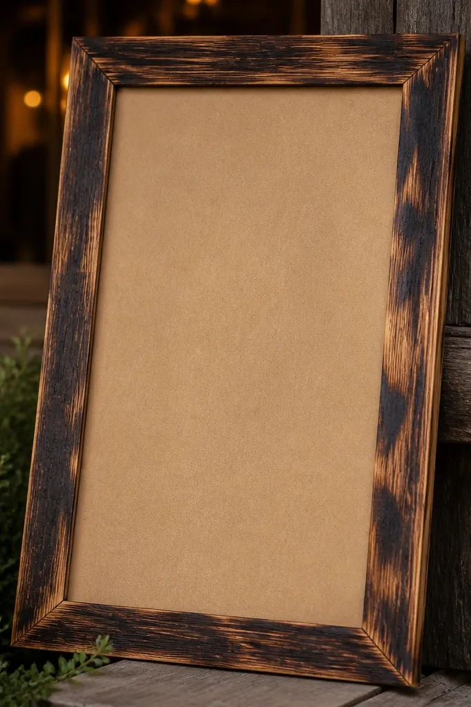 Seating chart board in a burnt wood frame with handwritten table numbers