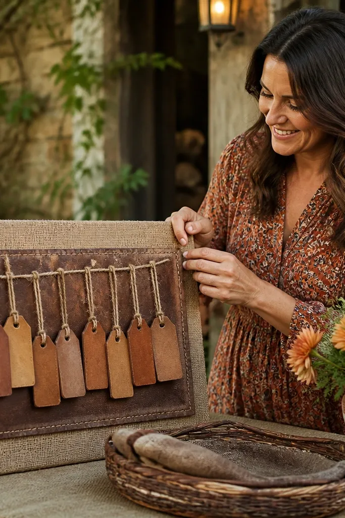 Jute welcome sign with leather tags spelling names