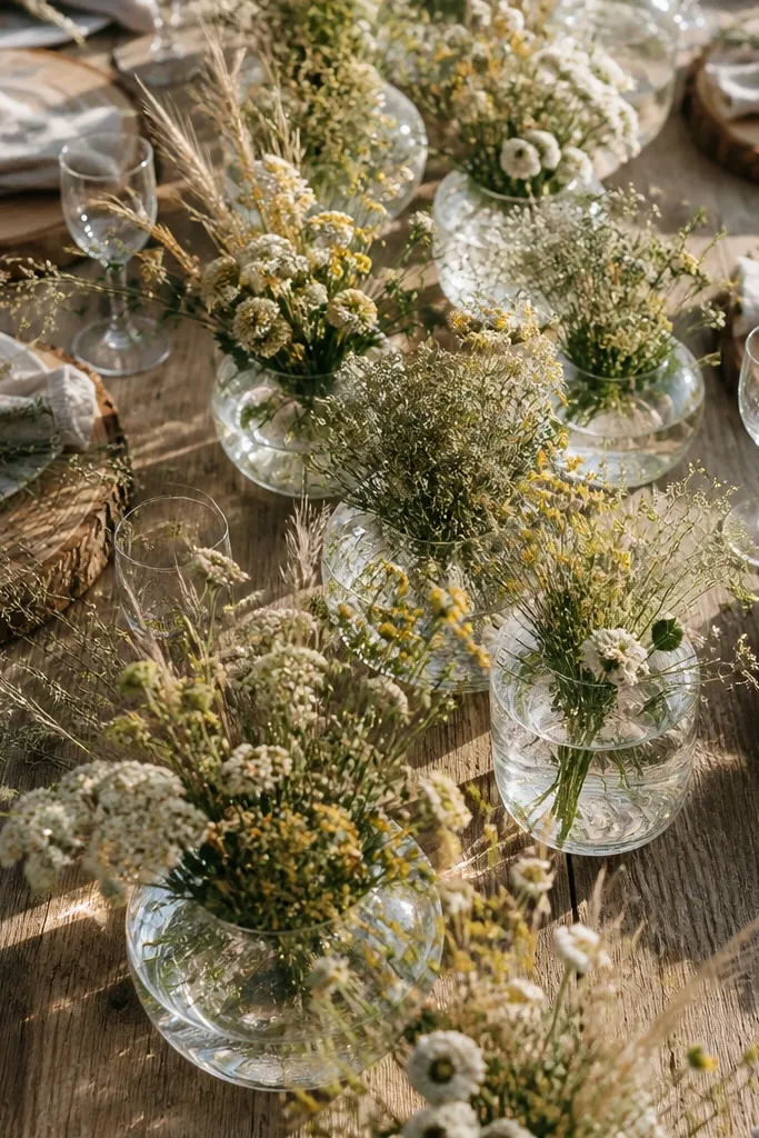 Clear glass bowls filled with wildflower meadow stems on tables