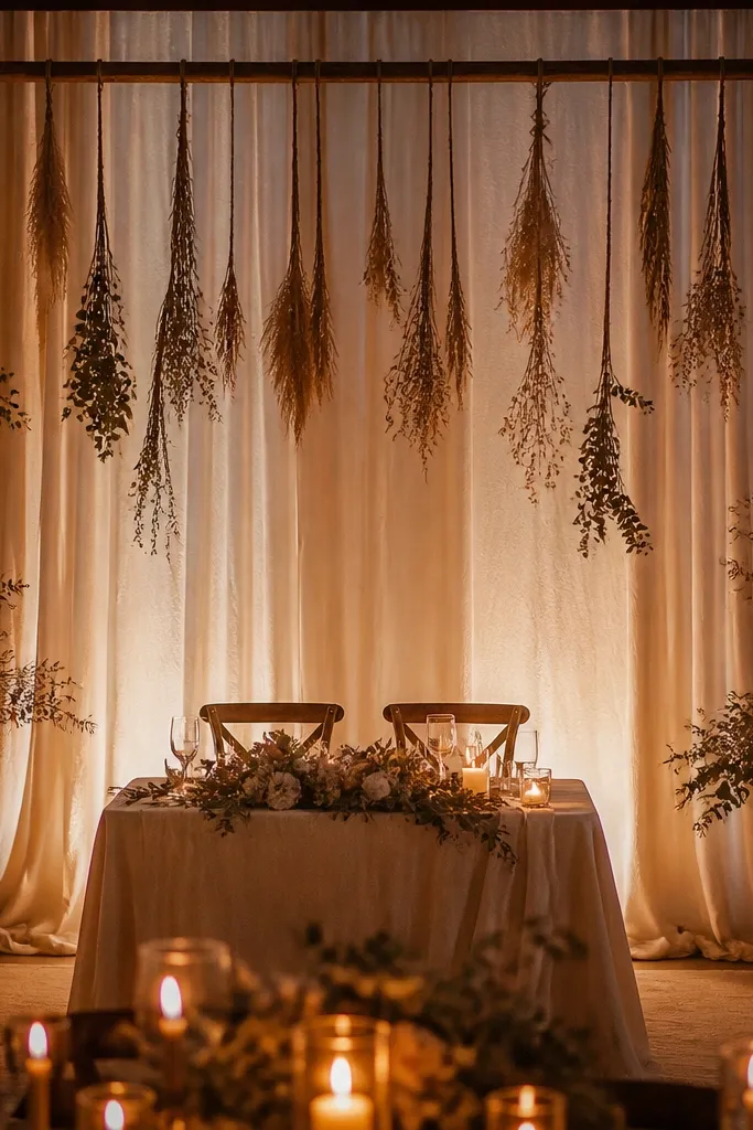 Linen panels behind sweetheart table with dried stems hanging down