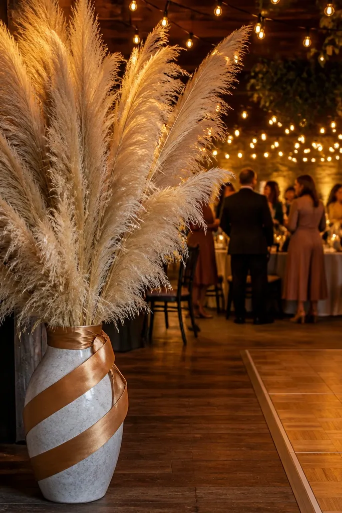 Tall floor vase with pampas grass and bronze ribbon wrapped around it