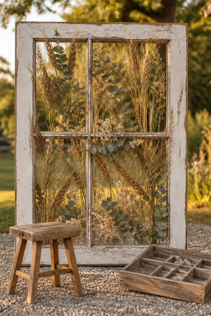 Wood window frame backdrop with dried garland draped inside
