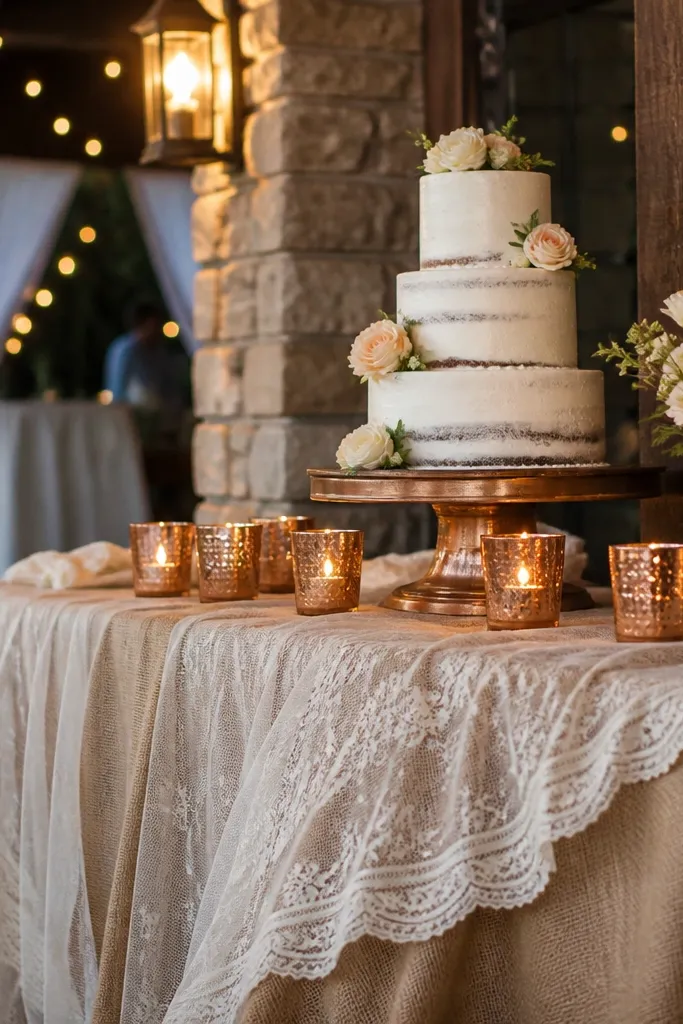 Cake table skirt with burlap and lace layers and copper candle holders