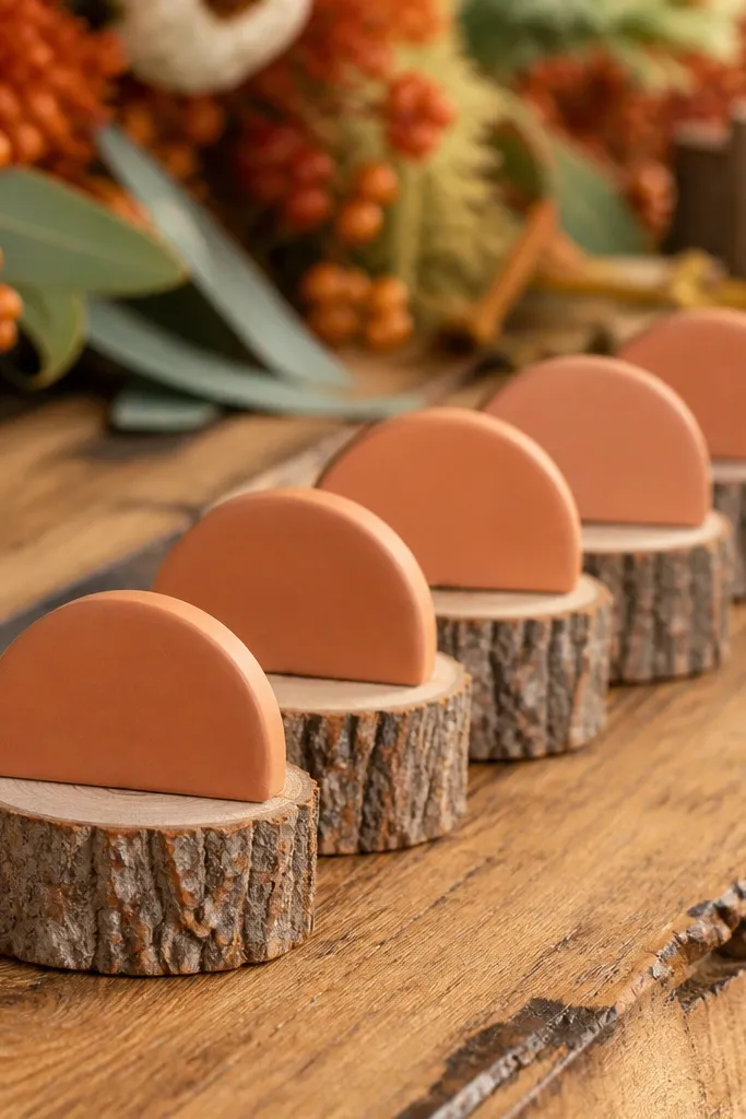 Mini wooden stumps holding terracotta place cards at each seat