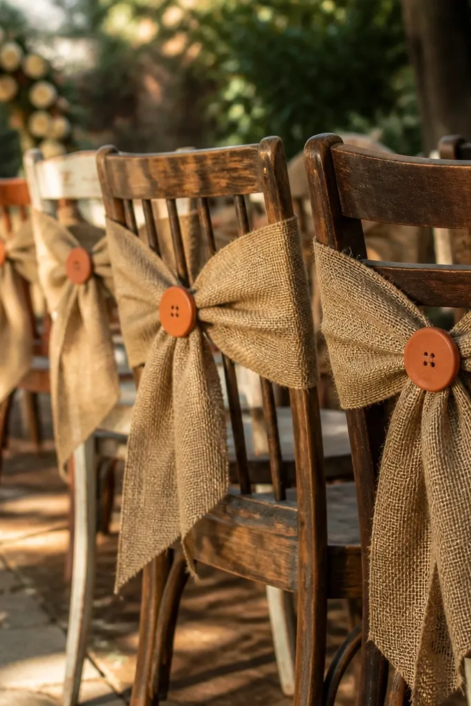 Chair backs tied with jute bows and terracotta buttons