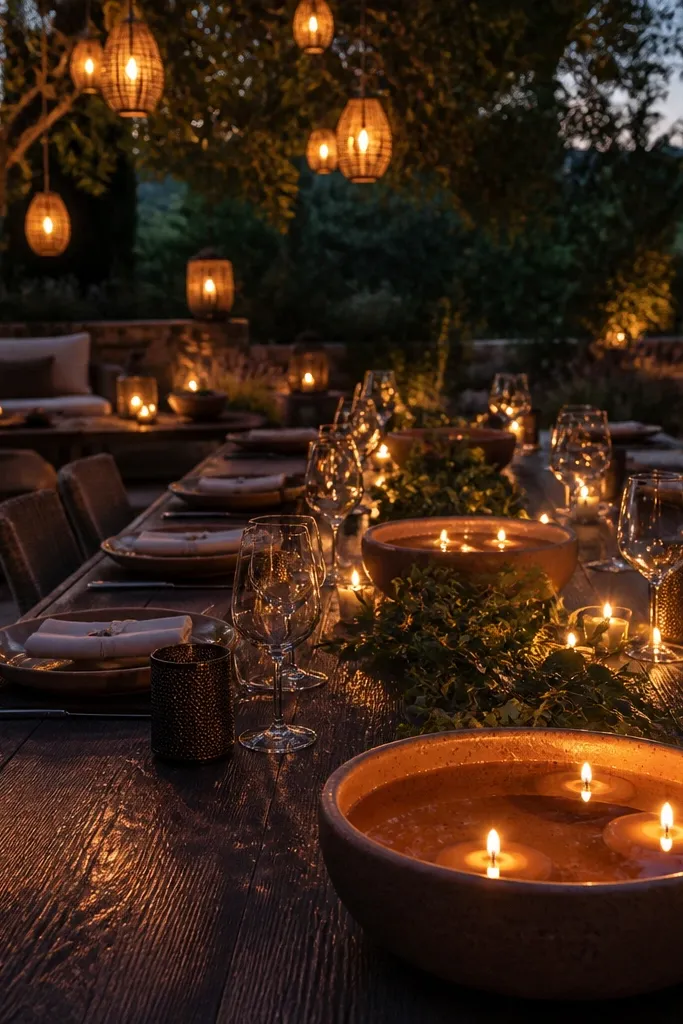 Terracotta floating candle vessels with warm candlelight on outdoor tables