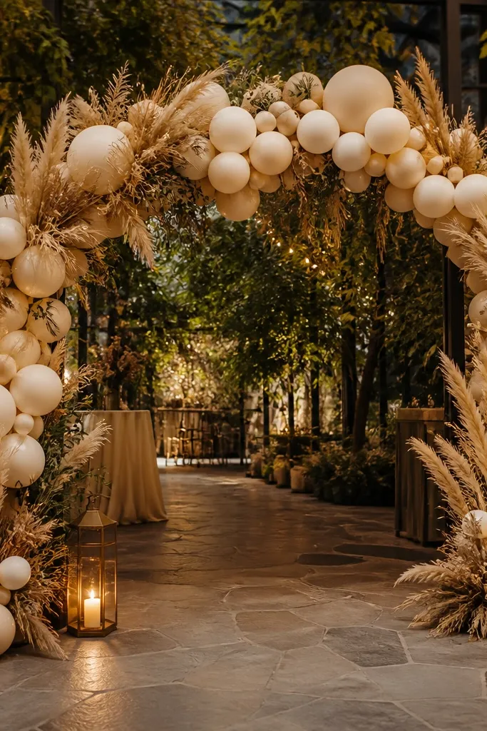 Arch of dried wheat and pampas around a balloon frame for cocktail photos
