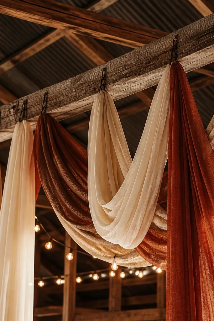 Rust and cream cloth draped across barn beams with rust-colored clips
