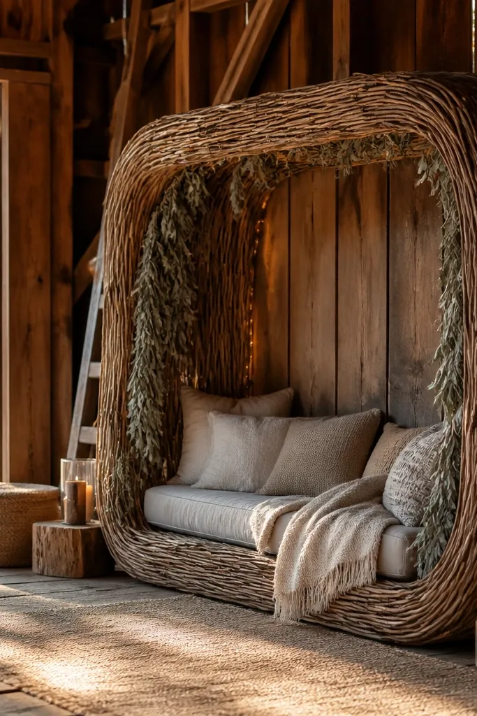 Willow-framed lounge corner with dried sage garlands and linen cushions