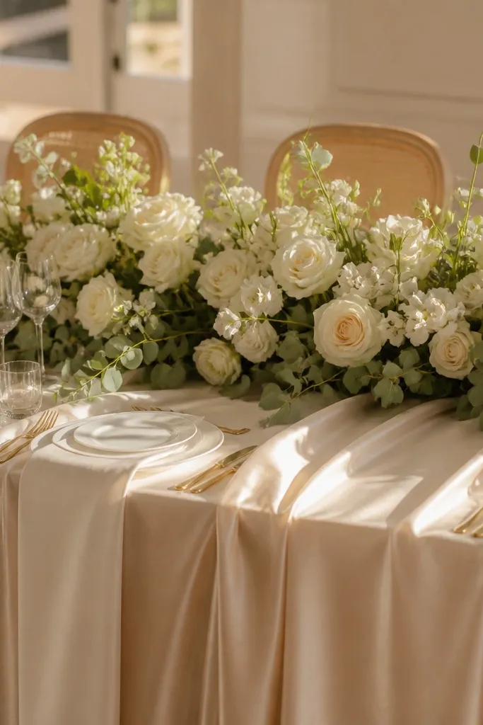 Champagne table runner with low white roses and greenery