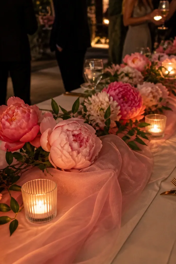 Blush organza runner with peony-colored florals and candles