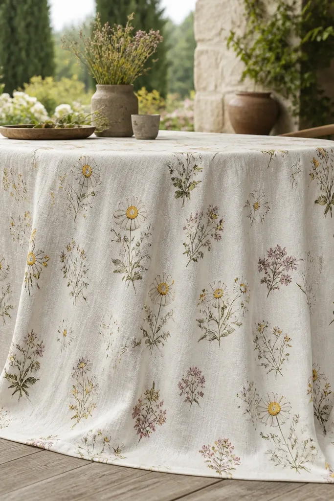 Ivory textured linen with scattered wildflowers and small candles