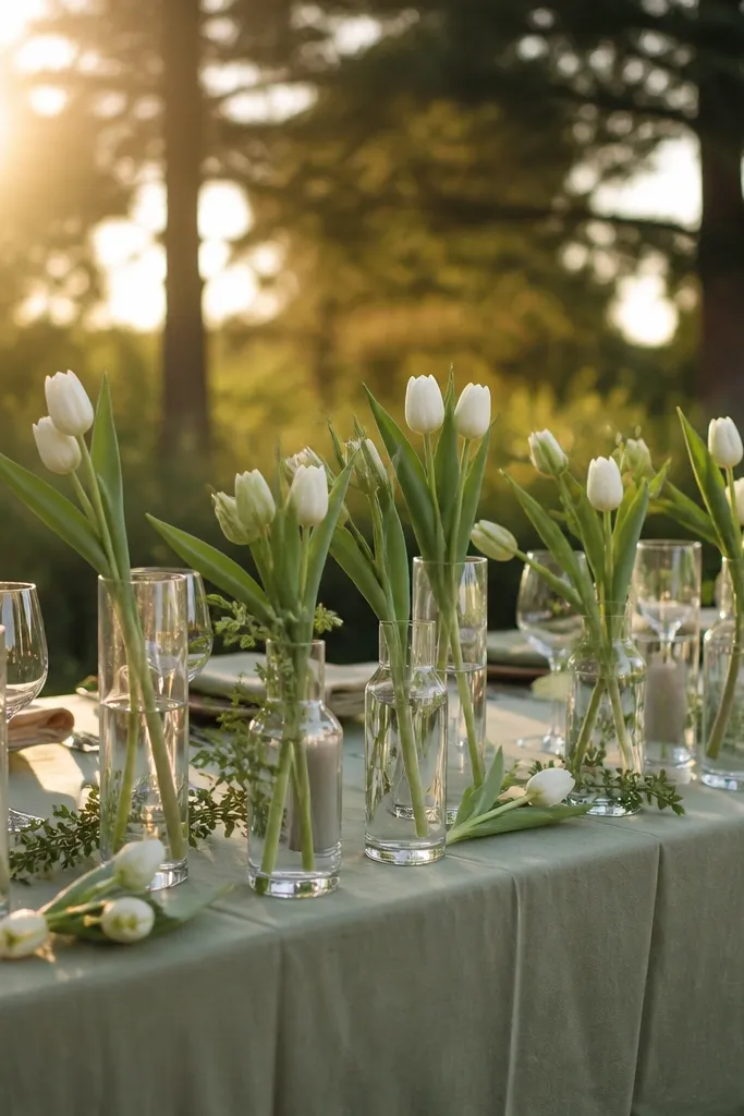 Olive sage linen with white tulip buds in clear glass bottles