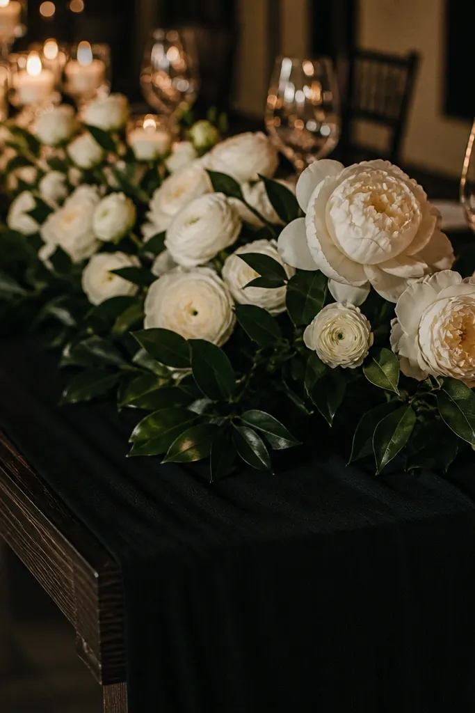 Matte black runner with cream peonies and ranunculus and candles