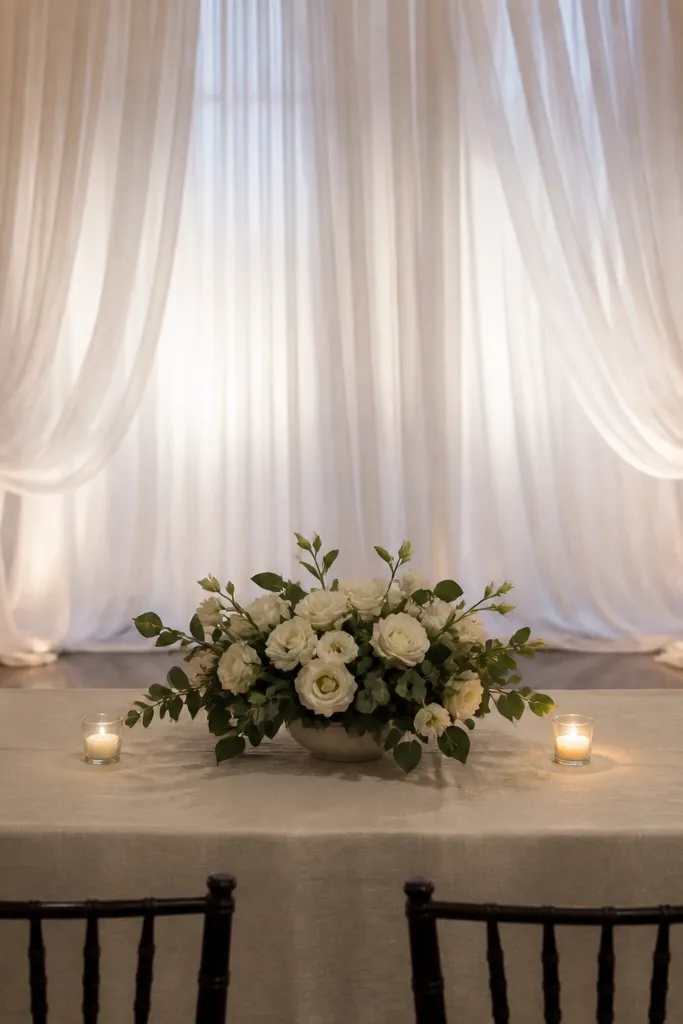 White sheer curtain behind table with a minimal floral centerpiece