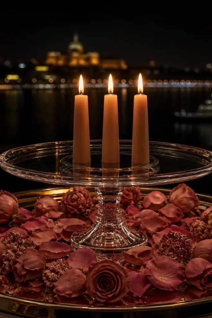 Clear acrylic stands with candles and scattered rose petals