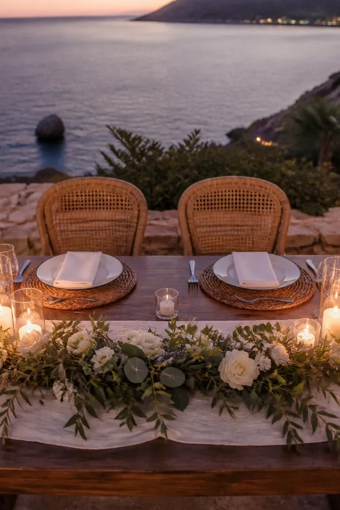 Cream runner with rattan chargers and a low greenery garland