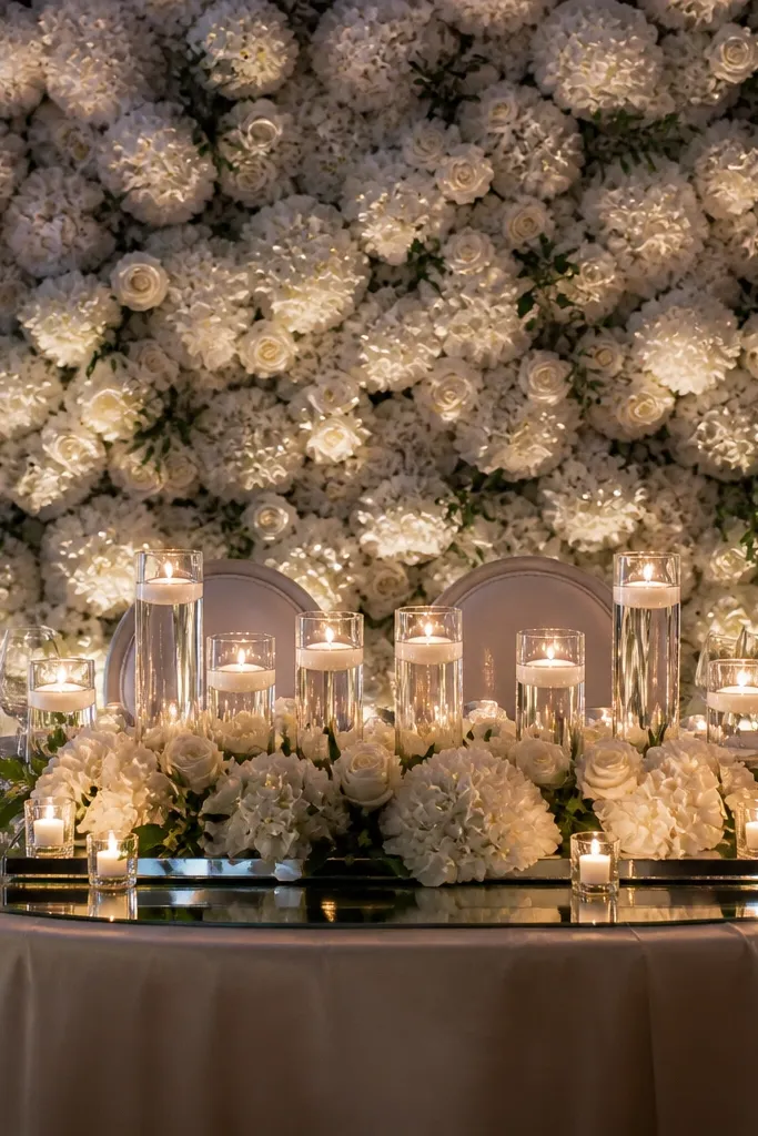 White hydrangea wall behind table with a mirror center and candles