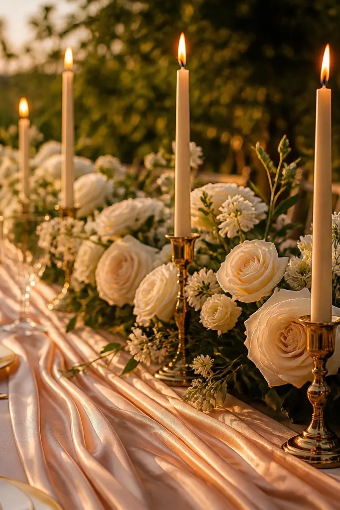 Peach satin runner with gold taper candles and cream roses
