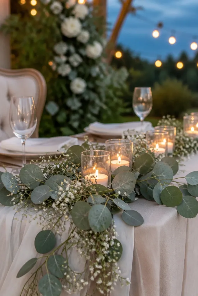 Eucalyptus and baby's breath runner with glass candle holders