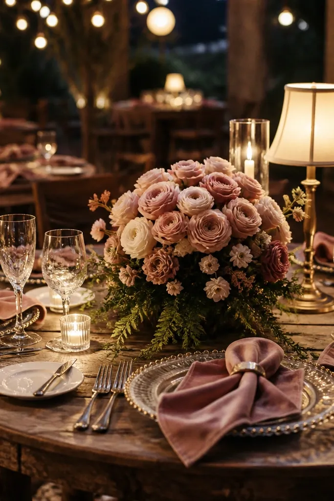 Dusty rose velvet napkins with a blush round floral centerpiece