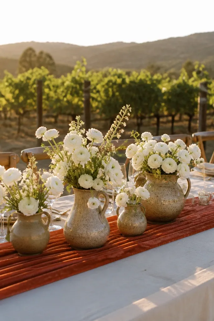 Terracotta runner with cream ranunculus in vintage pitchers