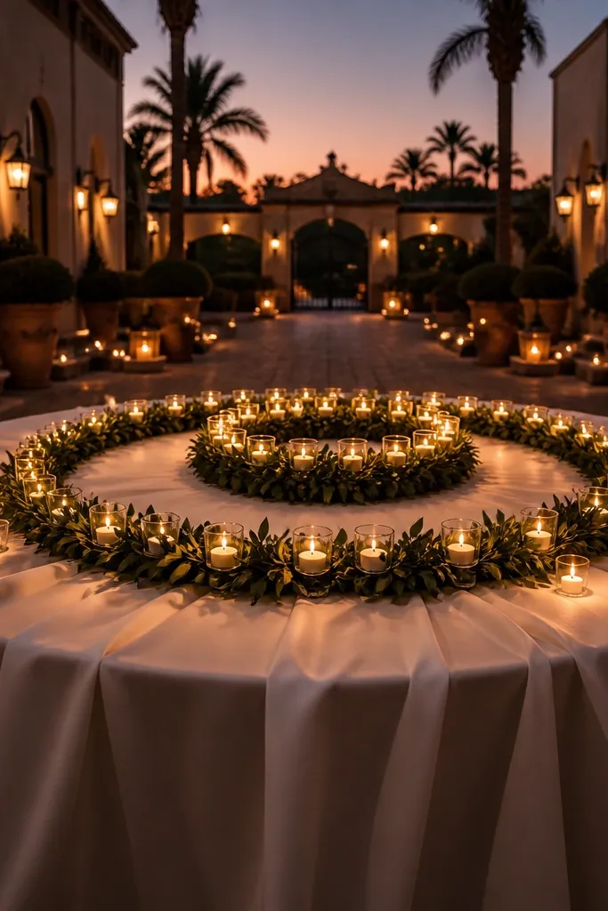 Warm white tablecloth with floating candle rings and greenery