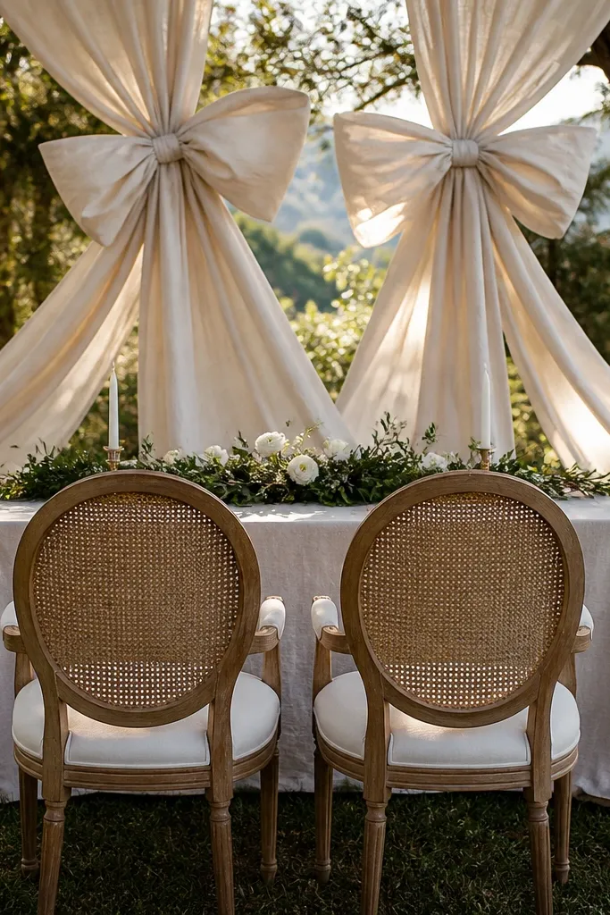 Large linen bow backdrop behind chairs with small floral centerpiece